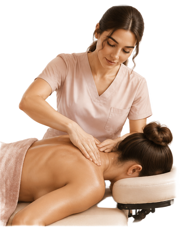 Fisioterapeuta realizando terapia manual nas costas de uma paciente