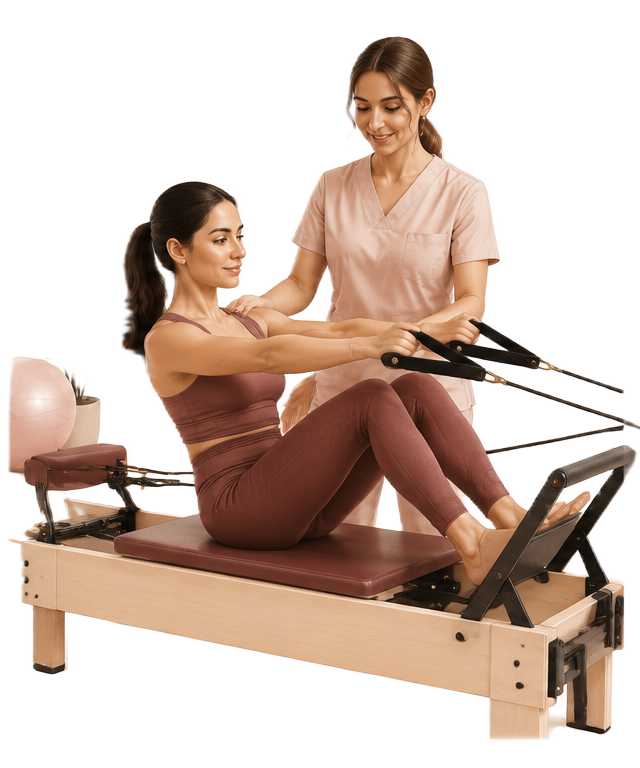 Paciente praticando Pilates clínico com orientação de uma fisioterapeuta
